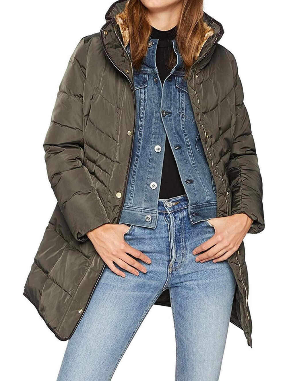 Cole Haan $325 Taffeta Down Coat With Faux Fur Collar Women’s Size Small